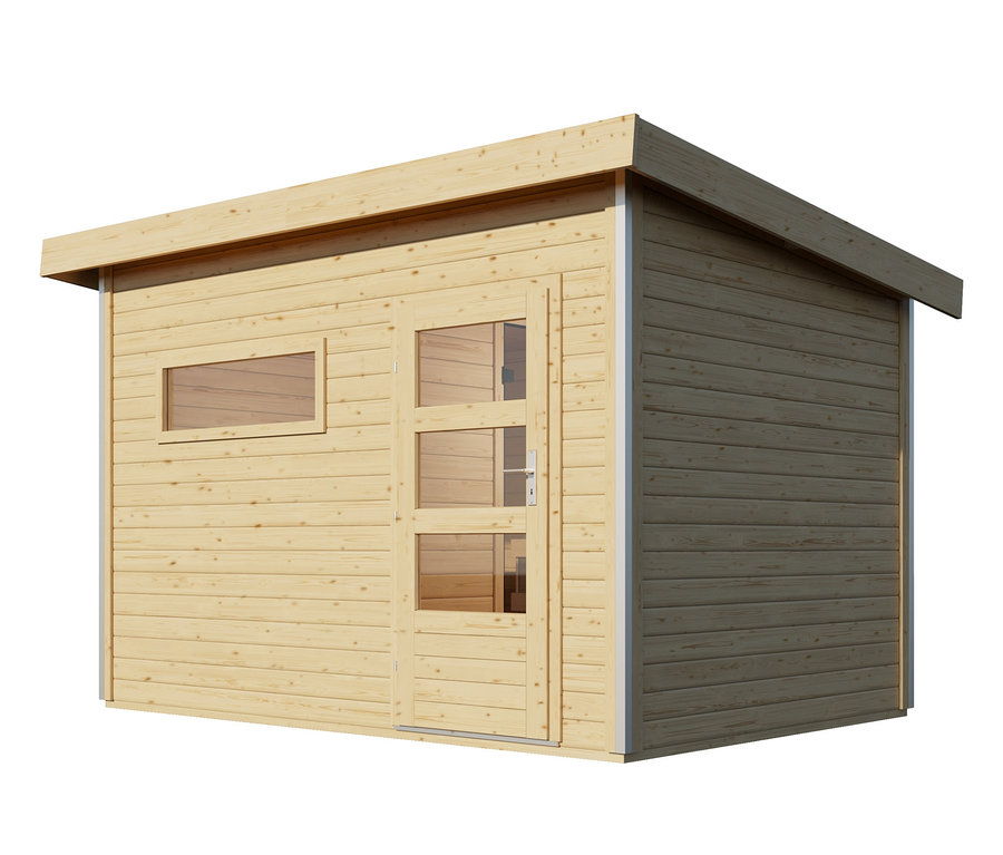 Außenansicht des Karibu-Saunahauses »Logan 2« aus Profilholz mit Glastür und einem Fenster.