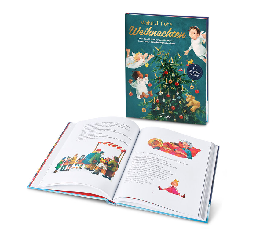 Geöffnetes Buch mit Illustrationen, im Hintergrund das Buch »Wahrlich frohe Weihnachten«.