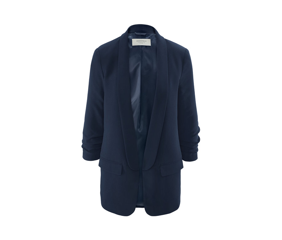Marineblauer Blazer mit gerafften Ärmeln auf weißem Hintergrund.