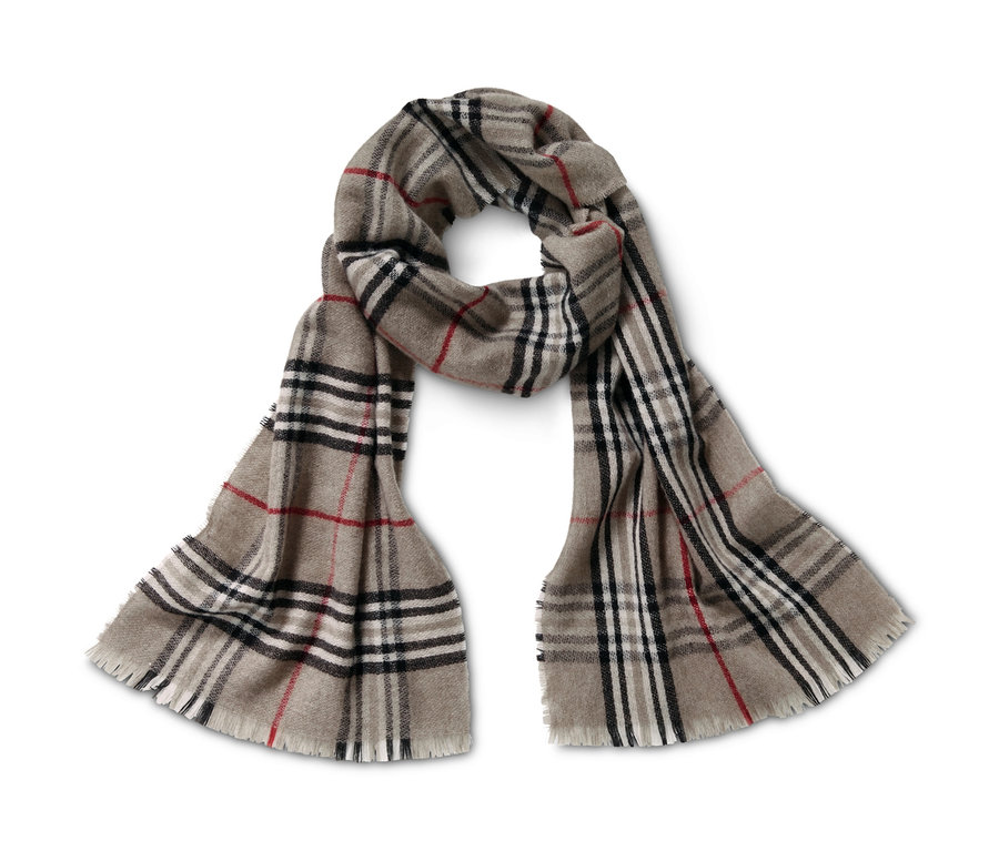 Ein Cashmere-Schal mit Karomuster in Beige, Schwarz, Weiß und Rot.