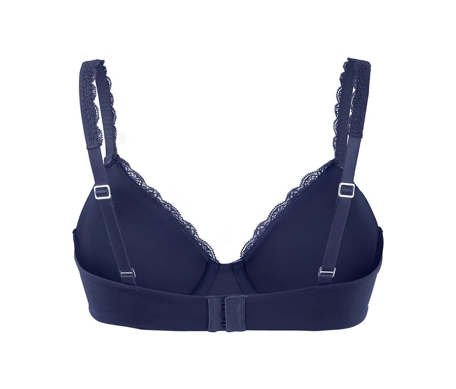 Detailansicht von hinten eines marineblauen Bügel-BHs mit Spitzenträgern.
