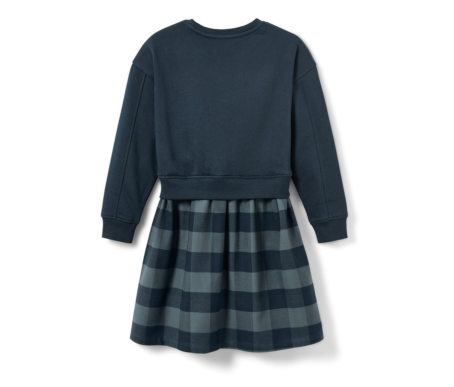 Kinder-Sweatkleid mit dunkelblauem Oberteil und grau kariertem Rock.