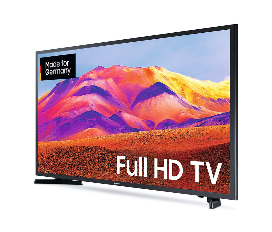 Ein schwarzer Samsung GU32T5379CDXZG 32-Zoll Full-HD-Fernseher zeigt eine farbenfrohe Landschaft.