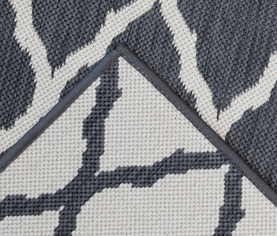 Detailansicht eines grau-weißen Outdoor-Wendeppichs.