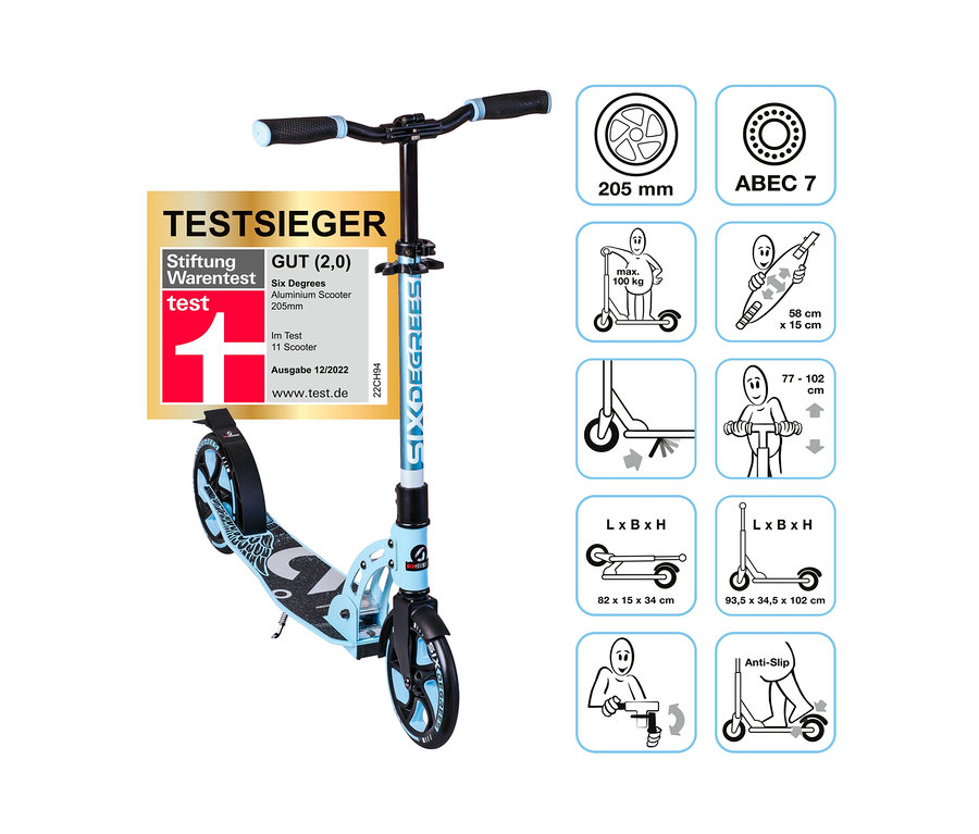 Blauer SIX DEGREES Aluminium-Scooter, 205 mm.