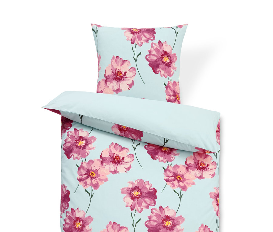 Hellblaue Bettwäsche mit Blumenmuster: Standardgröße, Doppelgröße und Übergröße.