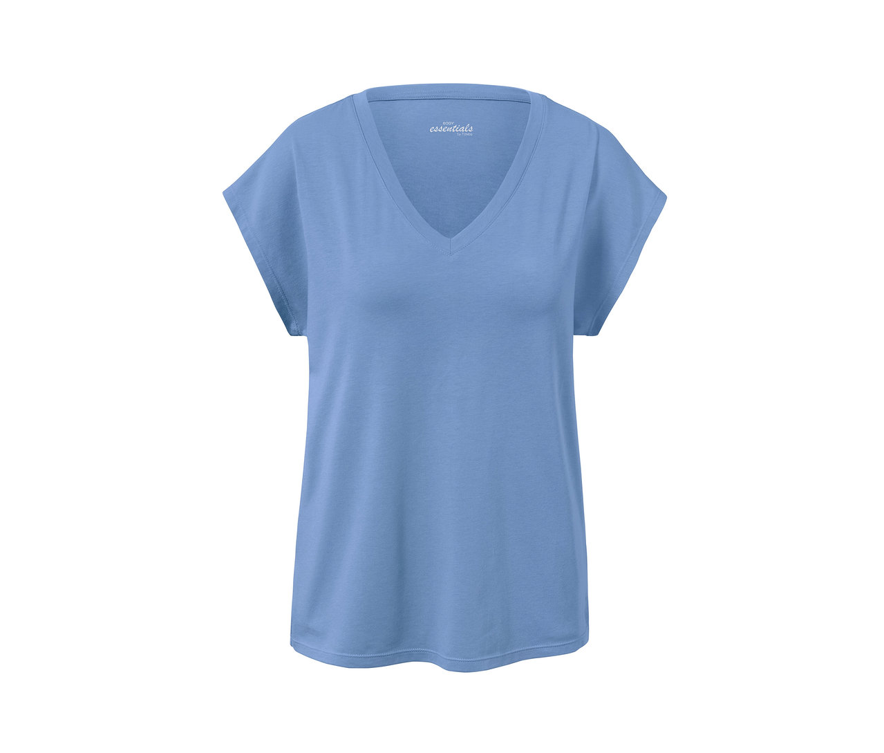 Ein blaues Leinen-Shorty-Pyjama-Oberteil mit V-Ausschnitt.