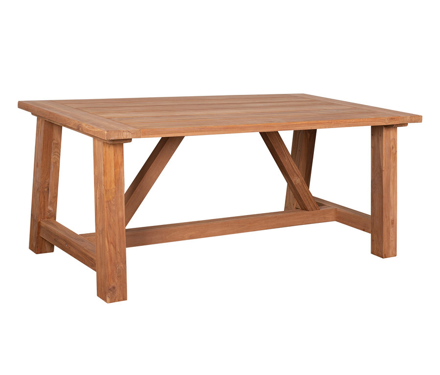 Rechteckiger deVries Dining-Set Tisch aus braunem Holz mit Lamellenplatte und Vierkantbeinen.