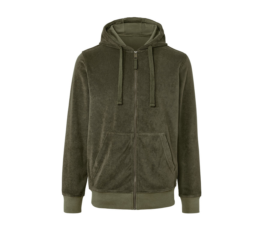 Grüne Frottee-Kapuzenjacke mit Reißverschluss und Taschen.