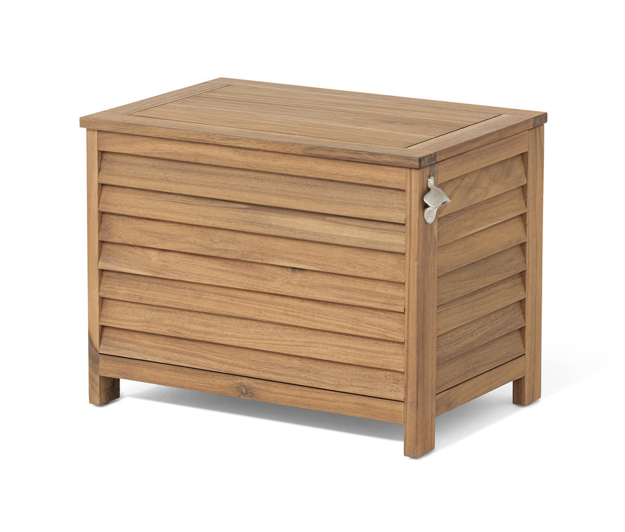 Dekorative Coolbox mit Flaschenöffner aus braunem Holz.