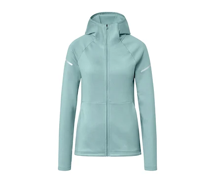 Helle blaue Thermojacke mit Reißverschluss und Kapuze.