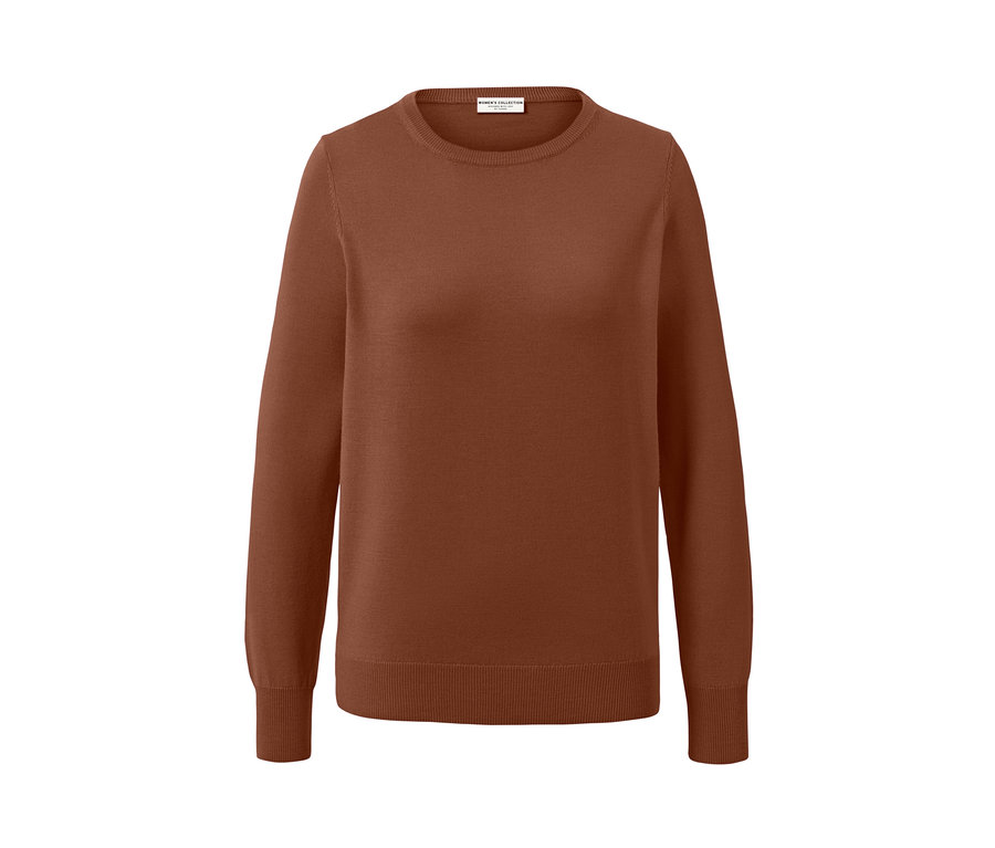 Cognacfarbener Merino-Feinstrickpullover.