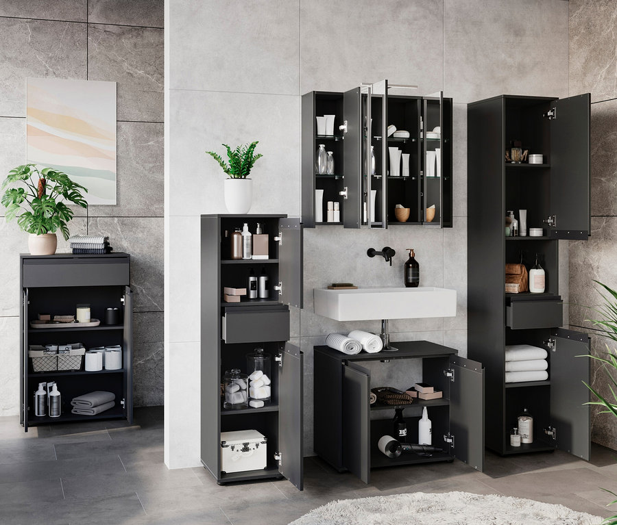 Badezimmer mit graphitfarbenem Badschrank »Lemont« und Waschbecken.