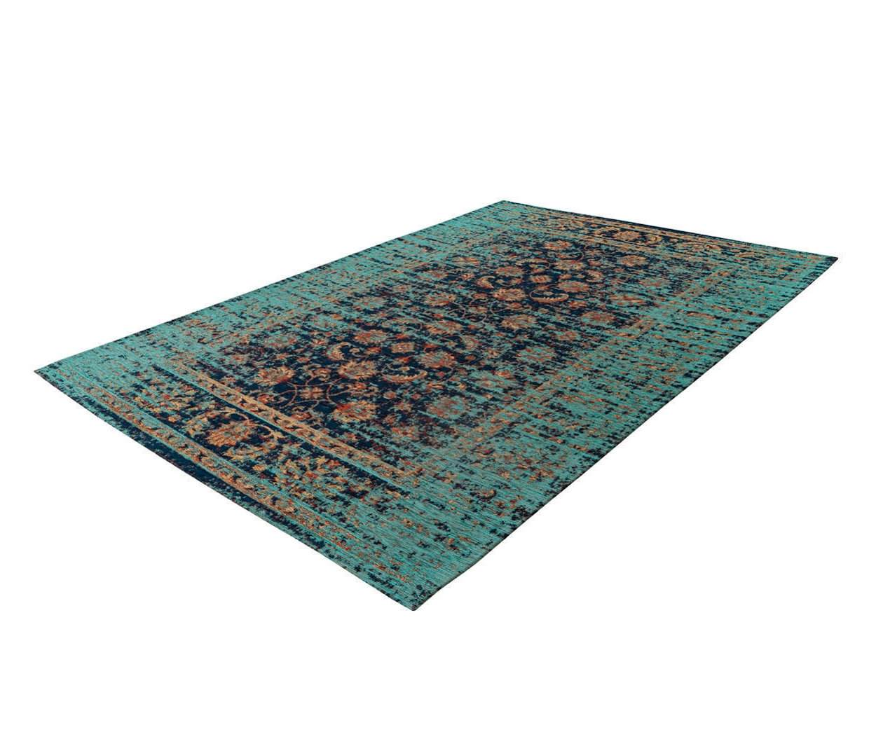 Ein mehrfarbiger Kurzflorteppich »Charme 225« in Multi/Blau liegt auf einem hellen Untergrund.