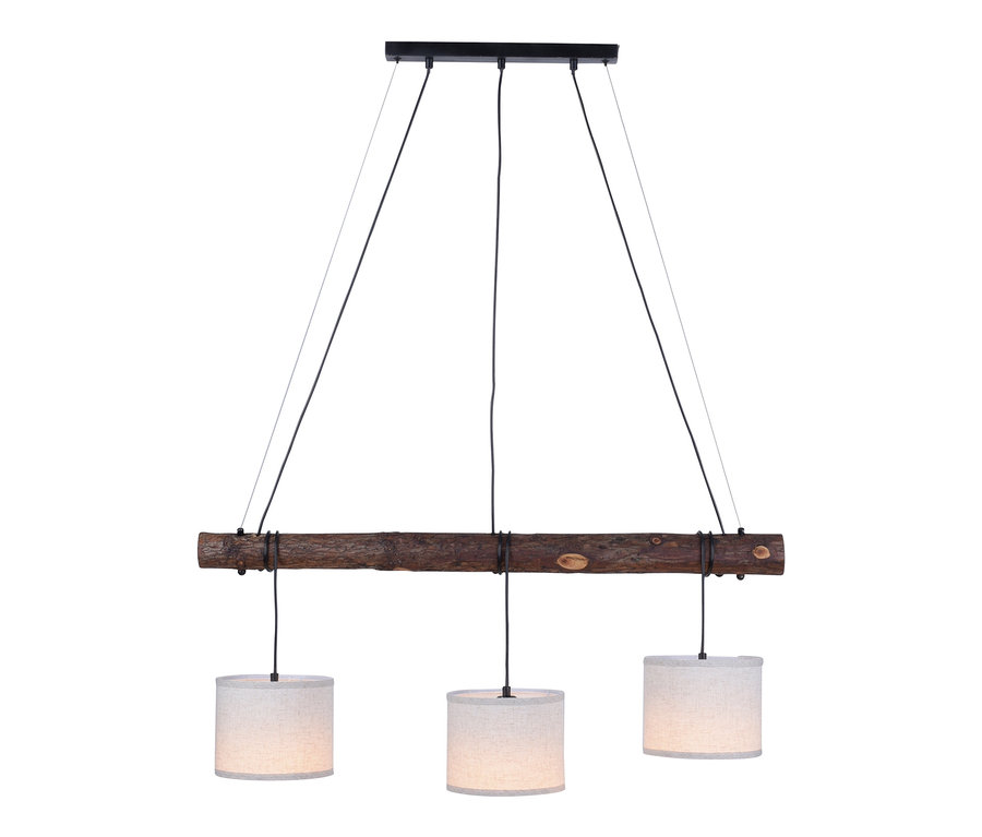 Pendelleuchte »Bark« mit Holzelement und drei Lampenschirmen.