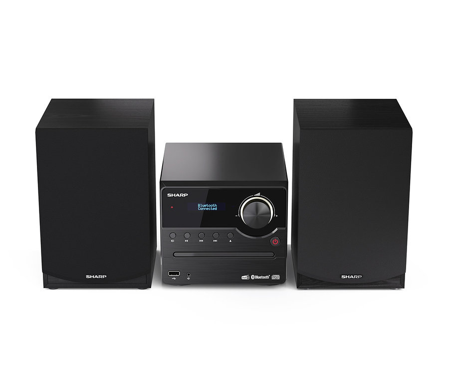Schwarzes SHARP-Stereo-Soundsystem XL-B517D mit zwei Lautsprechern.