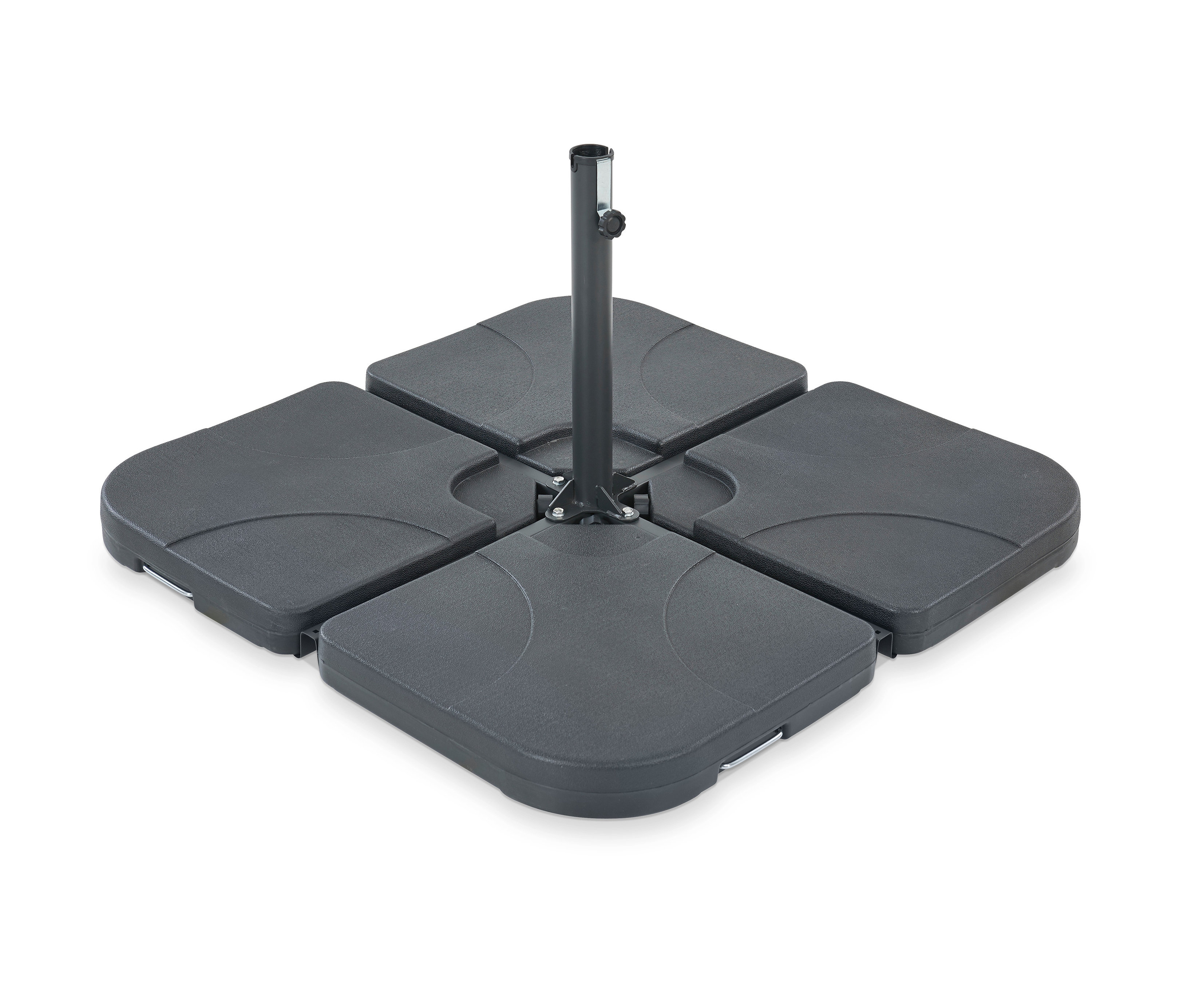 Ein Leco 4er-Plattenset für Stahlkreuzständer mit einem Leco Stahl-Kreuzständer, ca. 100 x 100 cm, ist aufgebaut.