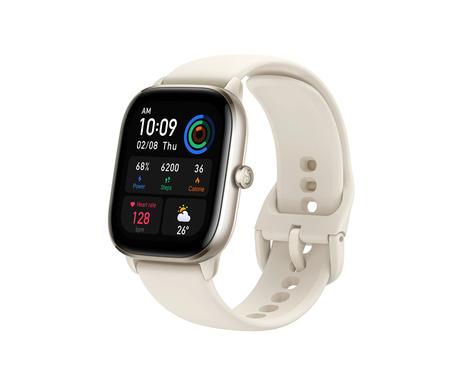 Eine weiße Smartwatch mit schwarzem Display zeigt die Uhrzeit 10:09, das Datum 8. Februar und eine Herzfrequenz von 128 bpm an. Amazfit GTS 4 Mini-Smartwatch, Moonlight White
