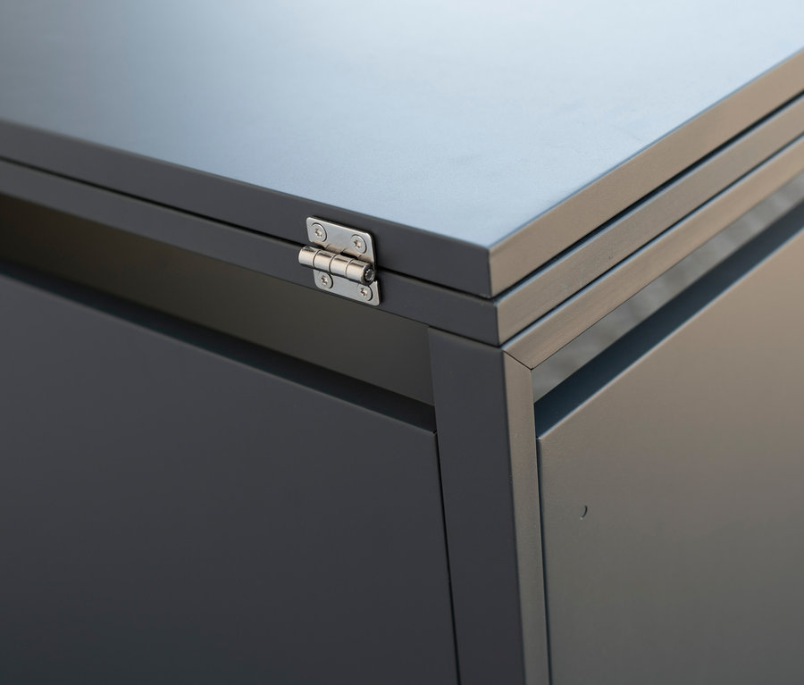 Detailansicht einer Mülltonnenbox aus Stahl, 1er.