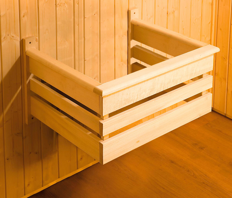 Detail einer Holzecke in einer Sauna mit einer Ablage von Weka Elementsauna, Halmstad BioS oder OS.