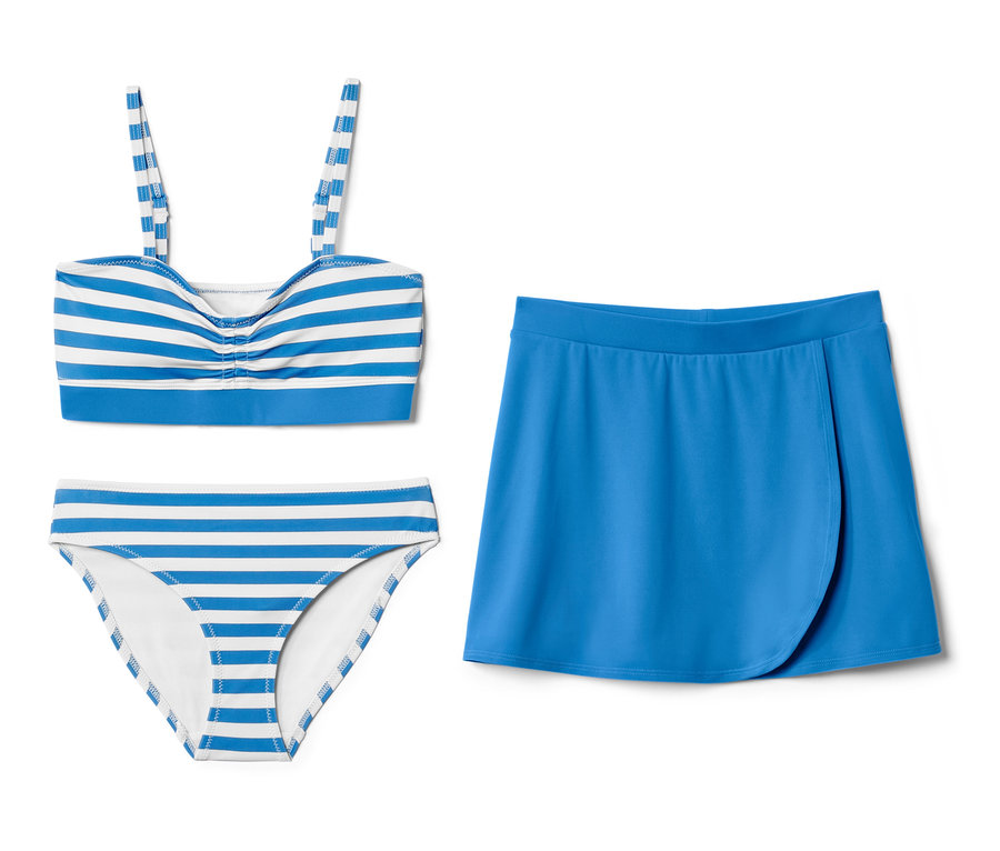 Ein Kinder-Bikini-Set, 3-teilig, mit blauen und weißen Streifen.