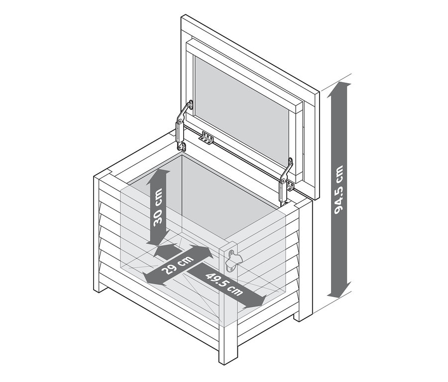 Geöffnete dekorative Coolbox mit Flaschenöffner und Abmessungen.