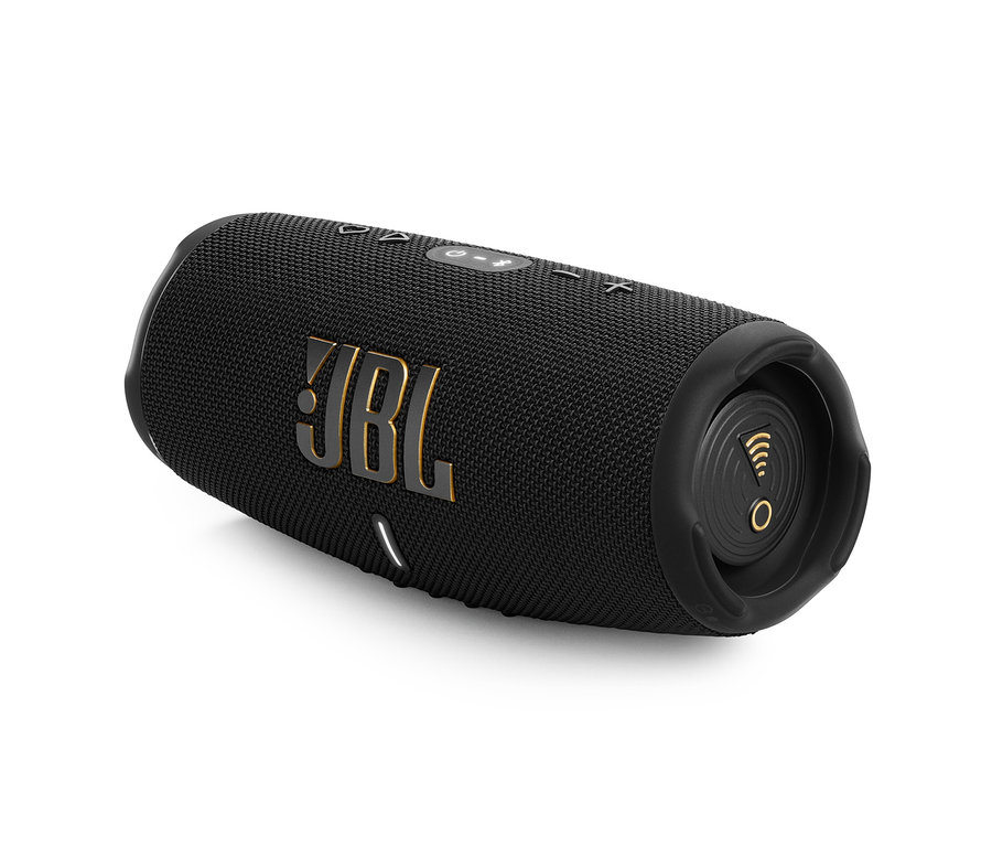 Schwarzer JBL Charge 5 Wifi Lautsprecher auf weißem Hintergrund.