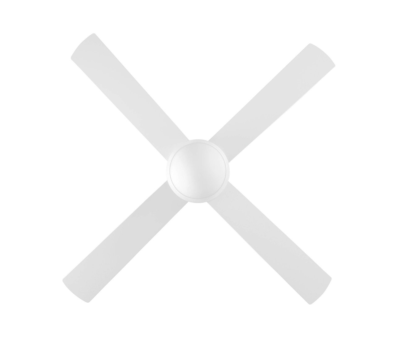 Detailaufnahme eines weißen Deckenventilators mit vier Flügeln. Zu sehen ist ein Eglo Deckenventilator mit Beleuchtung »Varadero«.