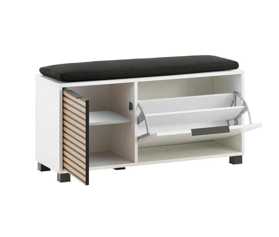 Eine weiße Schuhbank »Loft« mit schwarzer Sitzfläche, einer offenen Tür und zwei Schuhklappen.