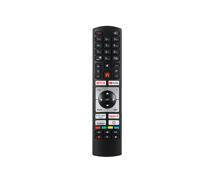 Schwarze Fernbedienung mit Tasten für Netflix und YouTube. Lenco 24-Zoll-HD-LED-TV mit DVD-Player
