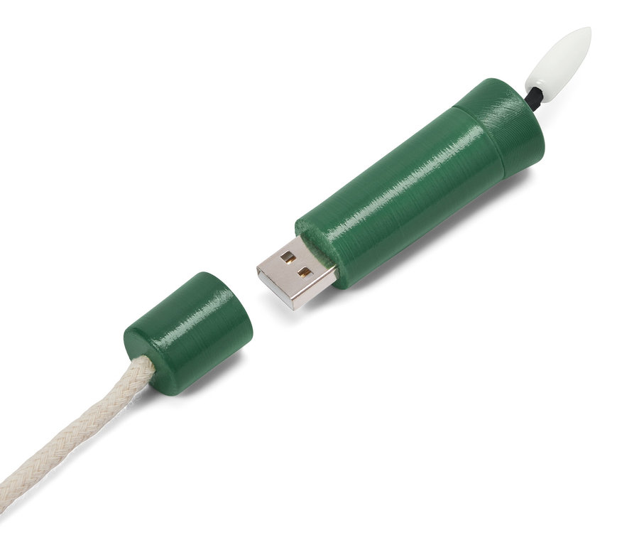 Grüne LED-Flaschenleuchte »Candle« mit USB-Anschluss und Kabel.