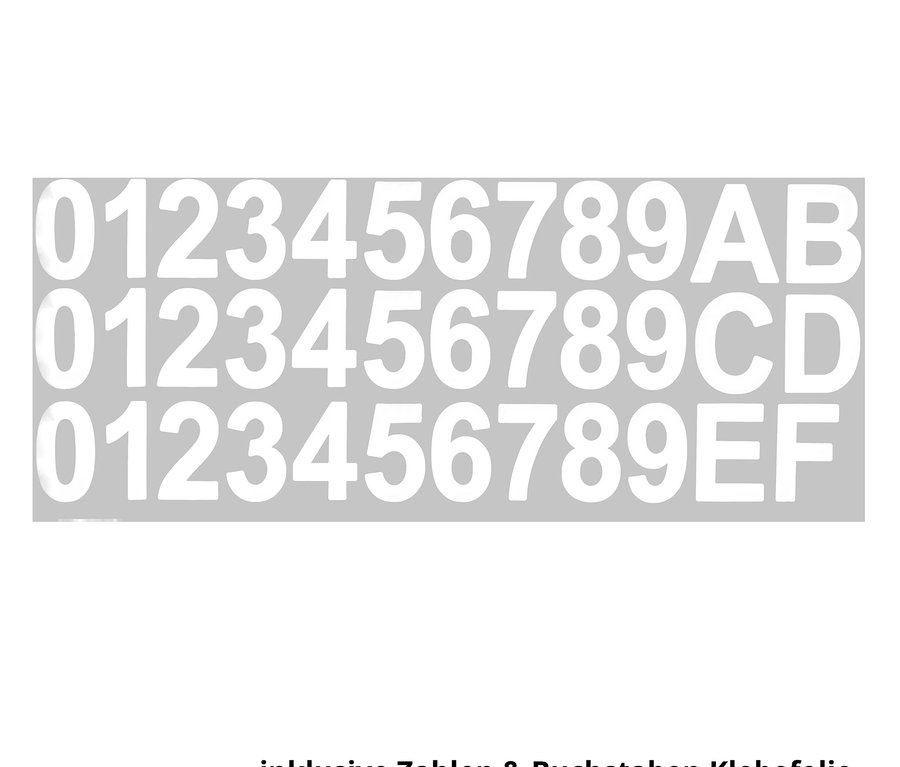 Weiße Zahlen- und Buchstaben-Aufkleber auf grauem Hintergrund.