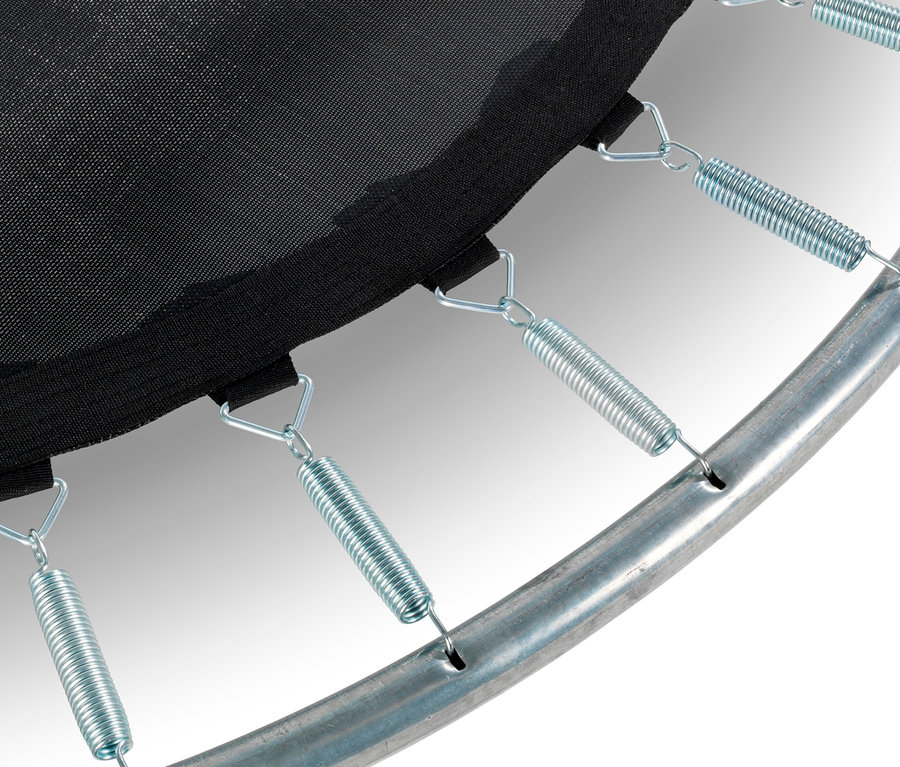 Detailaufnahme einer schwarzen Trampolin-Sprungfläche mit Stahlfedern, die an einem Stahlrahmen befestigt sind. EXIT Bodentrampolin »Silhouette sports«, Ø ca. 305 cm.