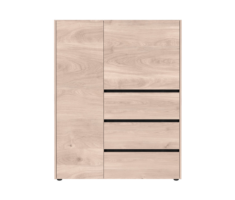 Helles Holz-Highboard »Cantoria« mit Tür links und drei Schubladen rechts.