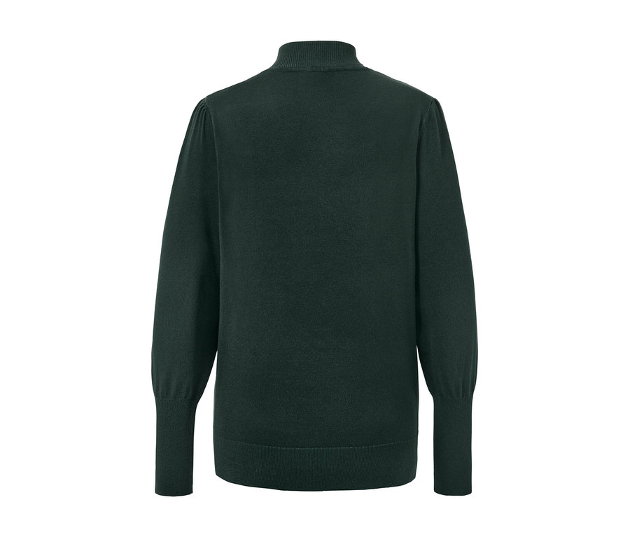 Rückansicht eines grünen Feinstrickpullovers mit Schleifendetail.