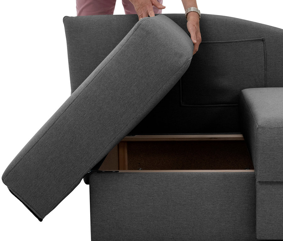 Person klappt die Rückenlehne der anthrazitfarbenen Polsterliege »Tobi« links um und enthüllt den Stauraum.