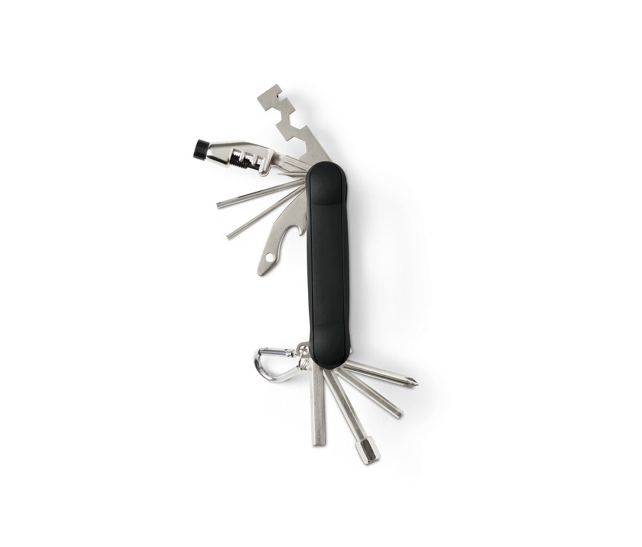 Ausgeklapptes Fahrrad-Multifunktionswerkzeug mit schwarzem Griff und silbernen Werkzeugen.