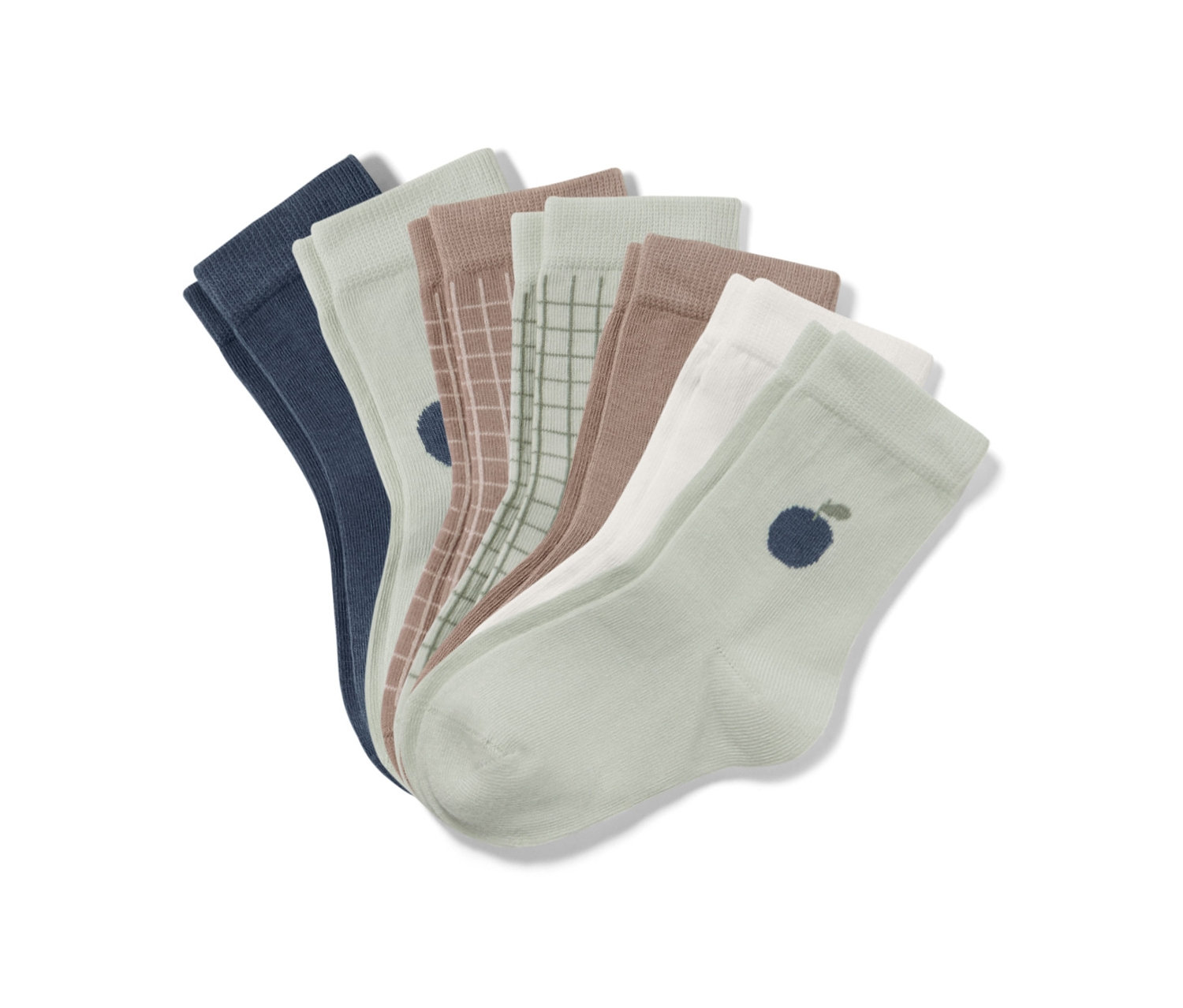 Sieben Paar Kleinkind-Socken in verschiedenen Farben und Mustern.