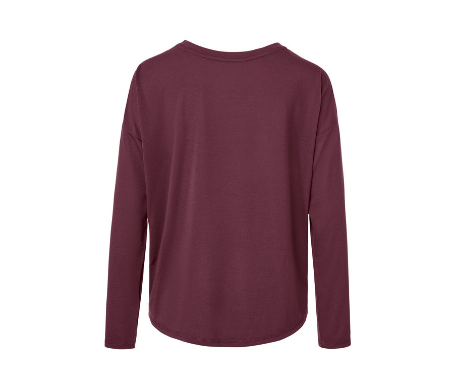 Rückansicht eines 2-in-1-Sportshirts in Pflaume mit langen Ärmeln.