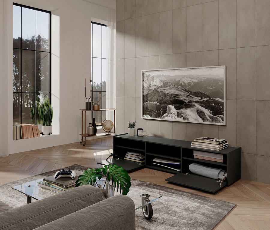 Wohnzimmer mit grauem Sofa, Fernseher und graphitfarbenem Lowboard "Aalborg".