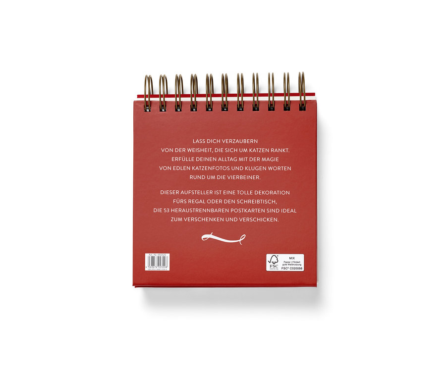 Roter Tischkalender »Weisheiten für Katzenfreunde« mit goldener Metallspirale.