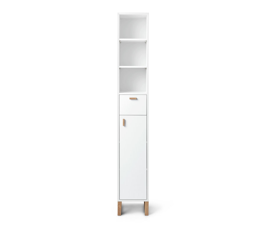Schmaler, weißer Bad-Hochschrank mit offenen Regalen oben, einer Schublade in der Mitte und einer Tür unten.