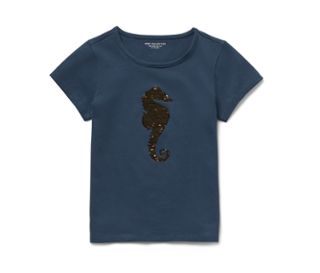 Dunkelblaues Kinder-T-Shirt mit glitzerndem Seepferdchen-Motiv.