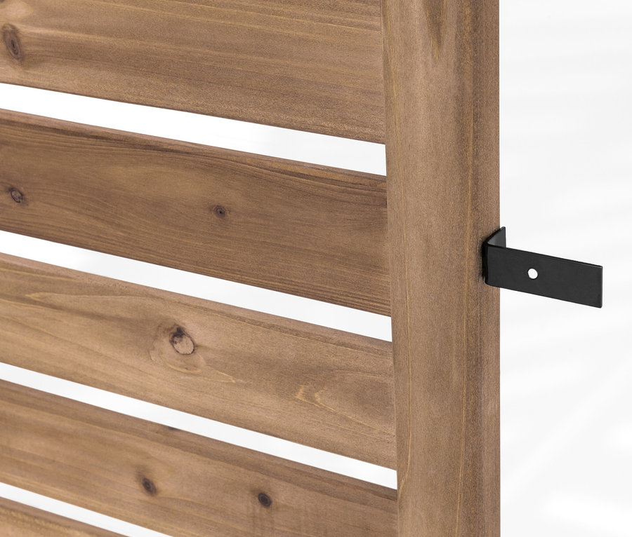 Detail eines flexiblen Paravents »Tinus« mit Pflanzkästen und einer schwarzen Metallhalterung.