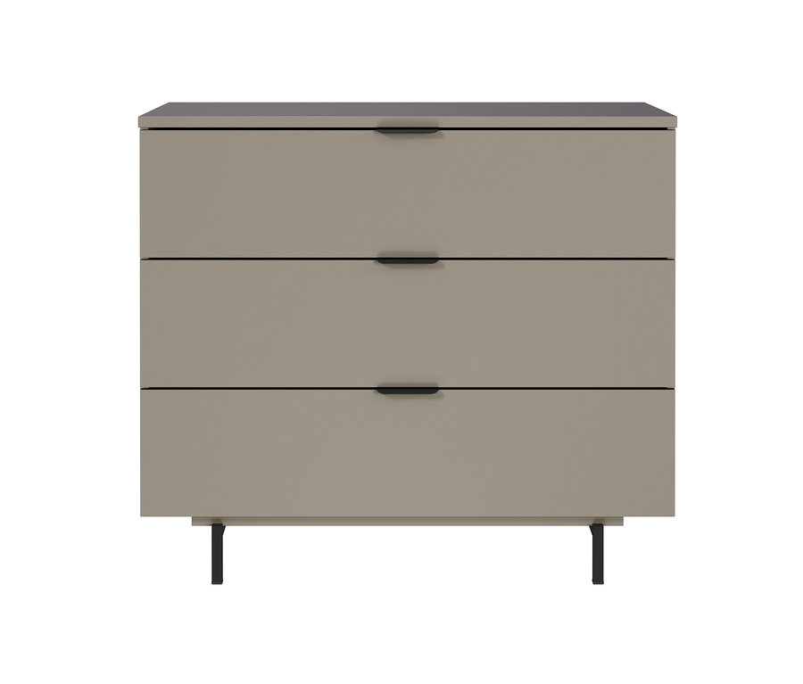 Beige Kommode mit drei Schubladen und schwarzen Griffen.