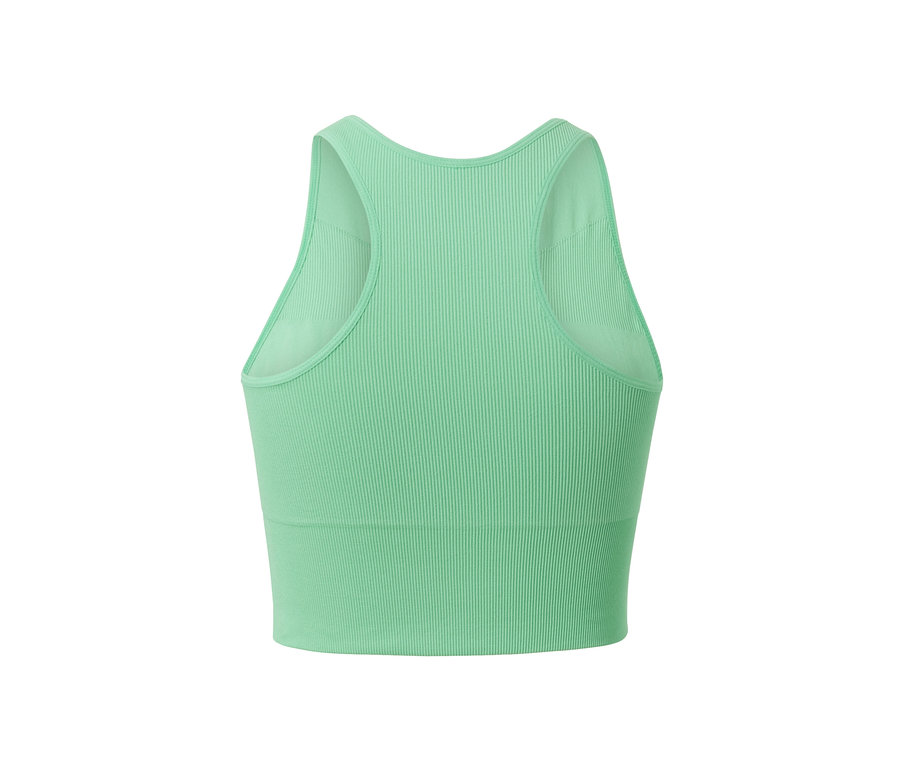 Detailaufnahme eines nahtlosen Sport-Bralettes in Grün.