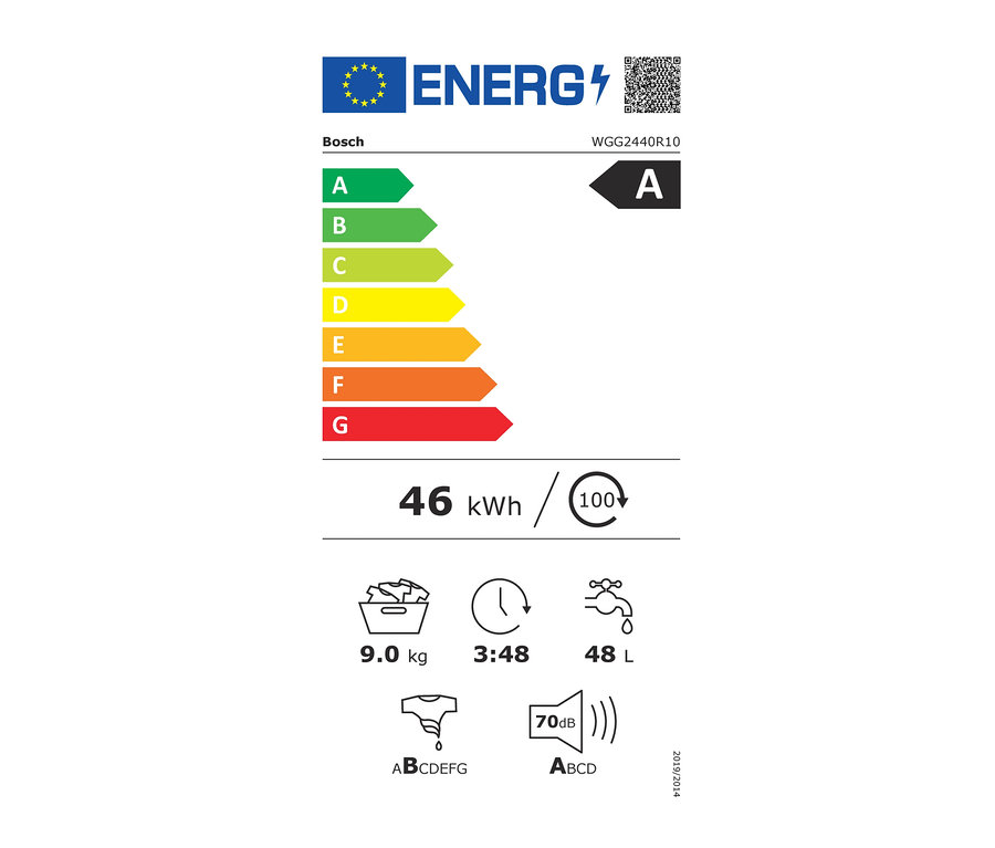 Energielabel der Bosch Waschmaschine »WGG2440R10«, Klasse A, Verbrauch 46 kWh/100 Zyklen, Lautstärke 70 dB, Kapazität 9 kg, Programmdauer 3:48, Wasserverbrauch 48 l.