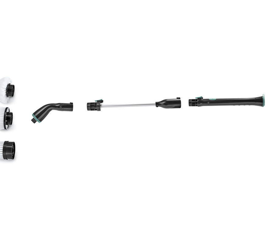 Teile einer elektrischen Profi-Reinigungsbürste auf weißem Hintergrund angeordnet.