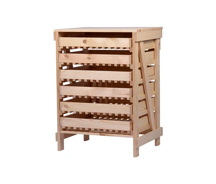 Ein Dobar Vorratsregal aus Holz mit sechs Schubladen.