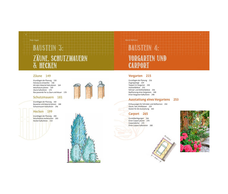 Illustration aus dem Gartenplaner-Buch »Der neue grosse Gartenplaner« mit Zaun-, Mauer- und Hecken-Designs.